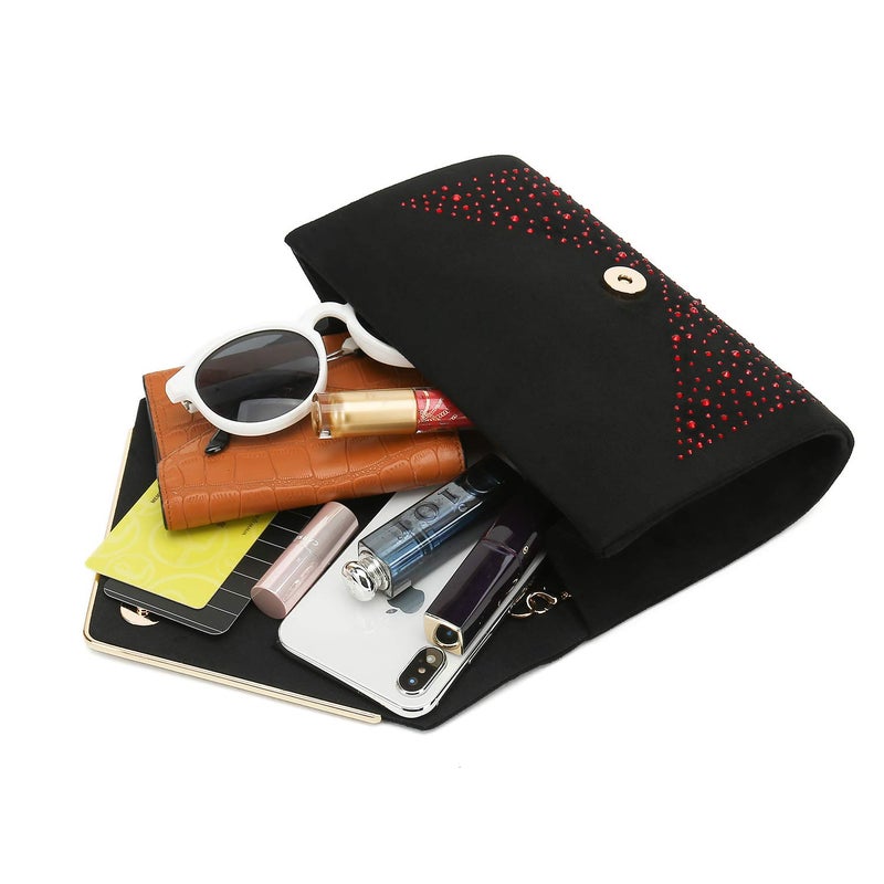 CHARMING TAILOR Envelope Purse Formal Faux Suede Clutch Rhinestone Evening Bag for Women Party Handbag (Black/red) - Image 3
